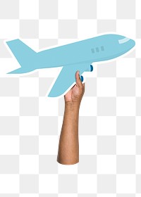 Hand holding png airplane cardboard, transparent background