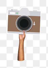 Hand holding camera png, transparent background