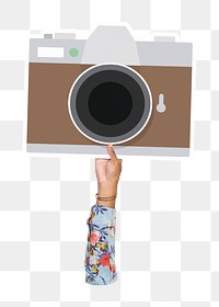 Hand holding camera png, transparent background