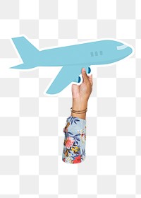 Hand holding png airplane cardboard, transparent background