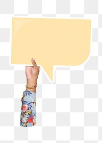 Png hand holding speech bubble, transparent background