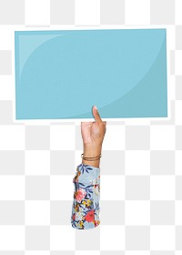 Hand holding png blank sign, transparent background