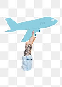 Hand holding png airplane cardboard, transparent background