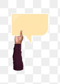 Png hand holding speech bubble, transparent background