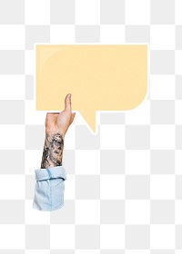 Png hand holding speech bubble, transparent background