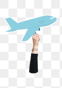 Hand holding png airplane cardboard, transparent background