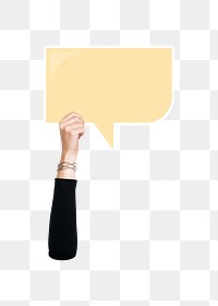 Png hand holding speech bubble, transparent background