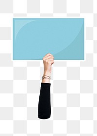 Hand holding png blank sign, transparent background