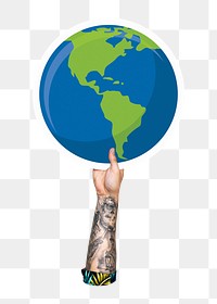Hand holding png globe, transparent background