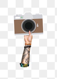 Hand holding camera png, transparent background