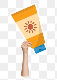 Hand holding sunscreen png, transparent background