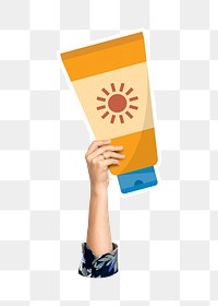 Hand holding sunscreen png, transparent background