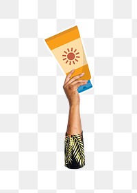 Hand holding sunscreen png, transparent background