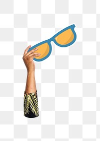 Hand holding sunglasses png, transparent background