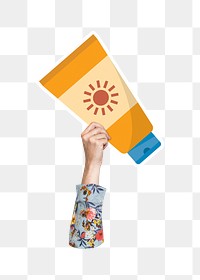 Hand holding sunscreen png, transparent background