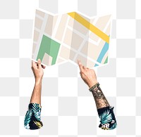 Hand holding map png, transparent background