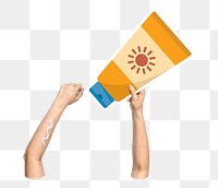 Hand holding sunscreen png, transparent background