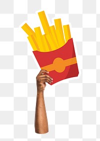 Hand holding png fries, fast food, transparent background