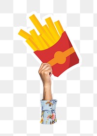 Hand holding png fries, fast food, transparent background