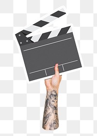 Hand holding png film slate, transparent background