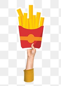 Hand holding png fries, fast food, transparent background