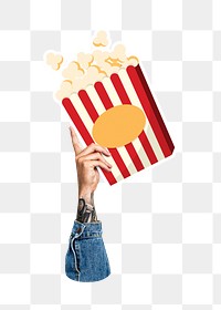 Hand holding png popcorn, transparent background