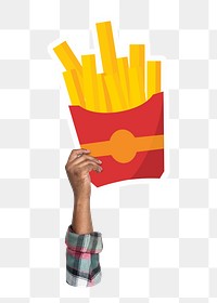 Hand holding png fries, fast food, transparent background