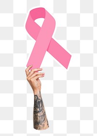 Hand holding png pink ribbon, transparent background