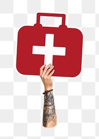 Hand holding png first-aid kit, transparent background