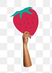 Hand holding png strawberry sticker, transparent background