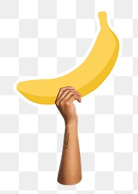 Hand holding png banana sticker, transparent background