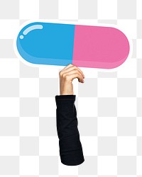 Hand holding png capsule medicine sticker, transparent background