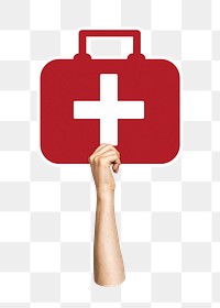 Hand holding png first aid kit sticker, transparent background