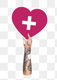 Hand holding png cross heart sticker, transparent background