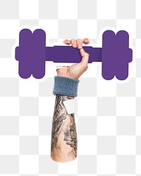 Hand holding png dumbbell cardboard sticker, transparent background