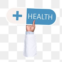 Hand holding png capsule medicine sticker, transparent background