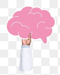 Hand holding png brain icon sticker, transparent background