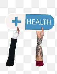 Hand holding png capsule medicine sticker, transparent background