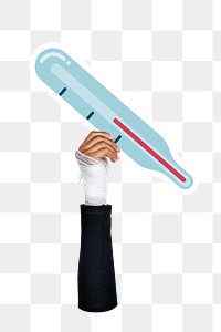 Hand holding png thermometer sticker, transparent background