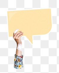 Hand holding png speech bubble sticker, transparent background