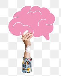 Hand holding png brain icon sticker, transparent background