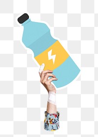 Hand holding png energy drink sticker, transparent background