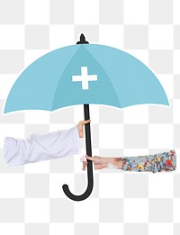 Hands holding png first-aid umbrella, transparent background