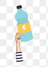 Hand holding png energy drink sticker, transparent background