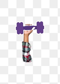 Hand holding png dumbbell cardboard sticker, transparent background