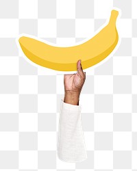 Hand holding png banana sticker, transparent background