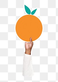 Hand holding png orange sticker, transparent background