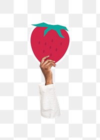 Hand holding png strawberry sticker, transparent background