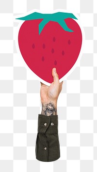 Hand holding png strawberry sticker, transparent background