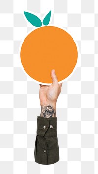 Hand holding png orange sticker, transparent background